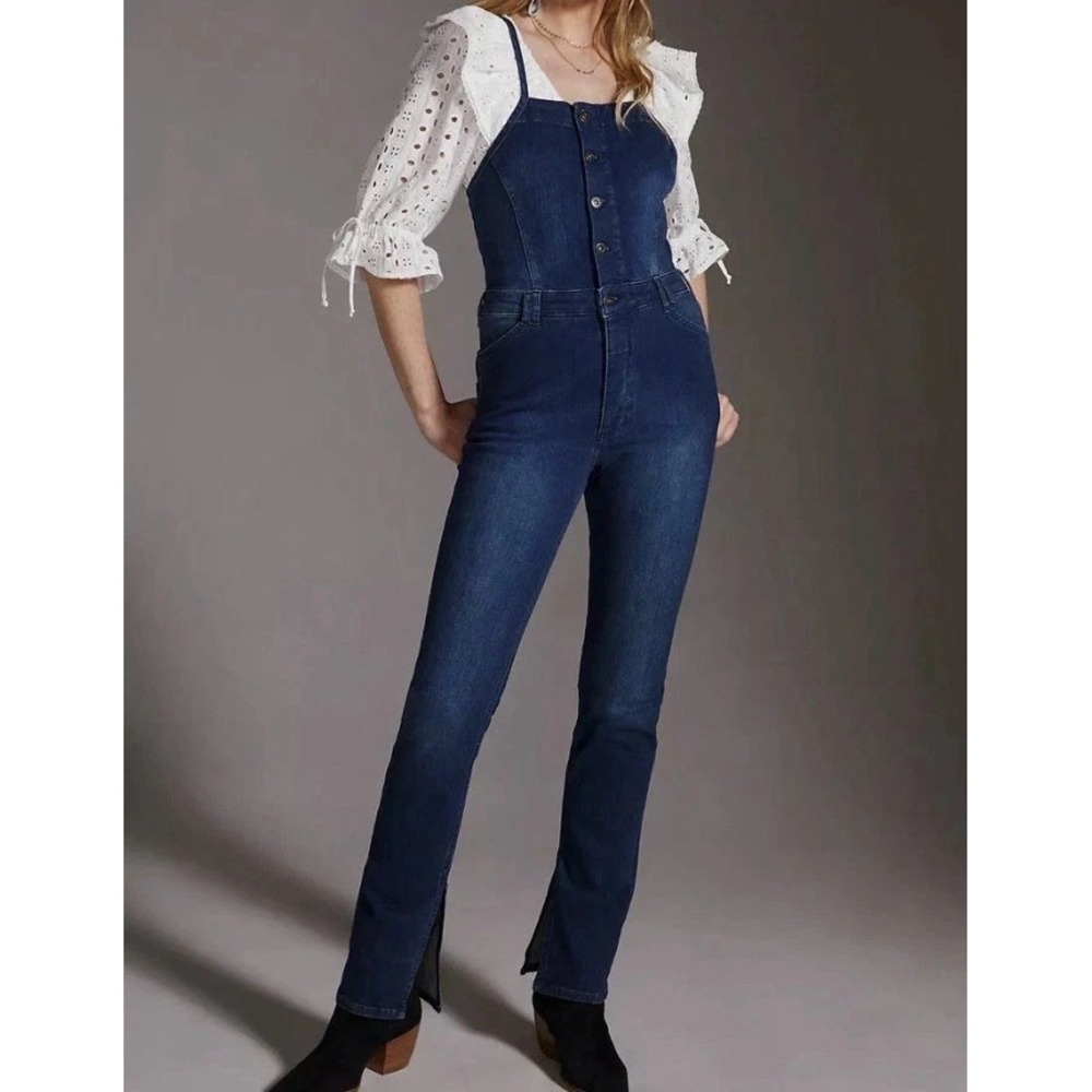 Anthropologie x Pilcro Blue Denim Button Front Overalls Size 31 Stretch Cotton - Picture 10 of 15